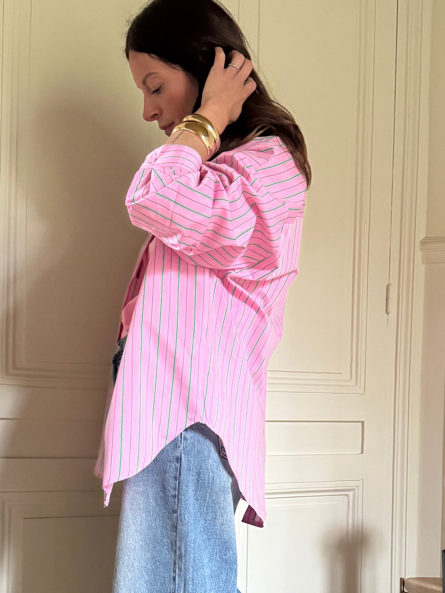 Chemise SMILEY rayée rose/vert