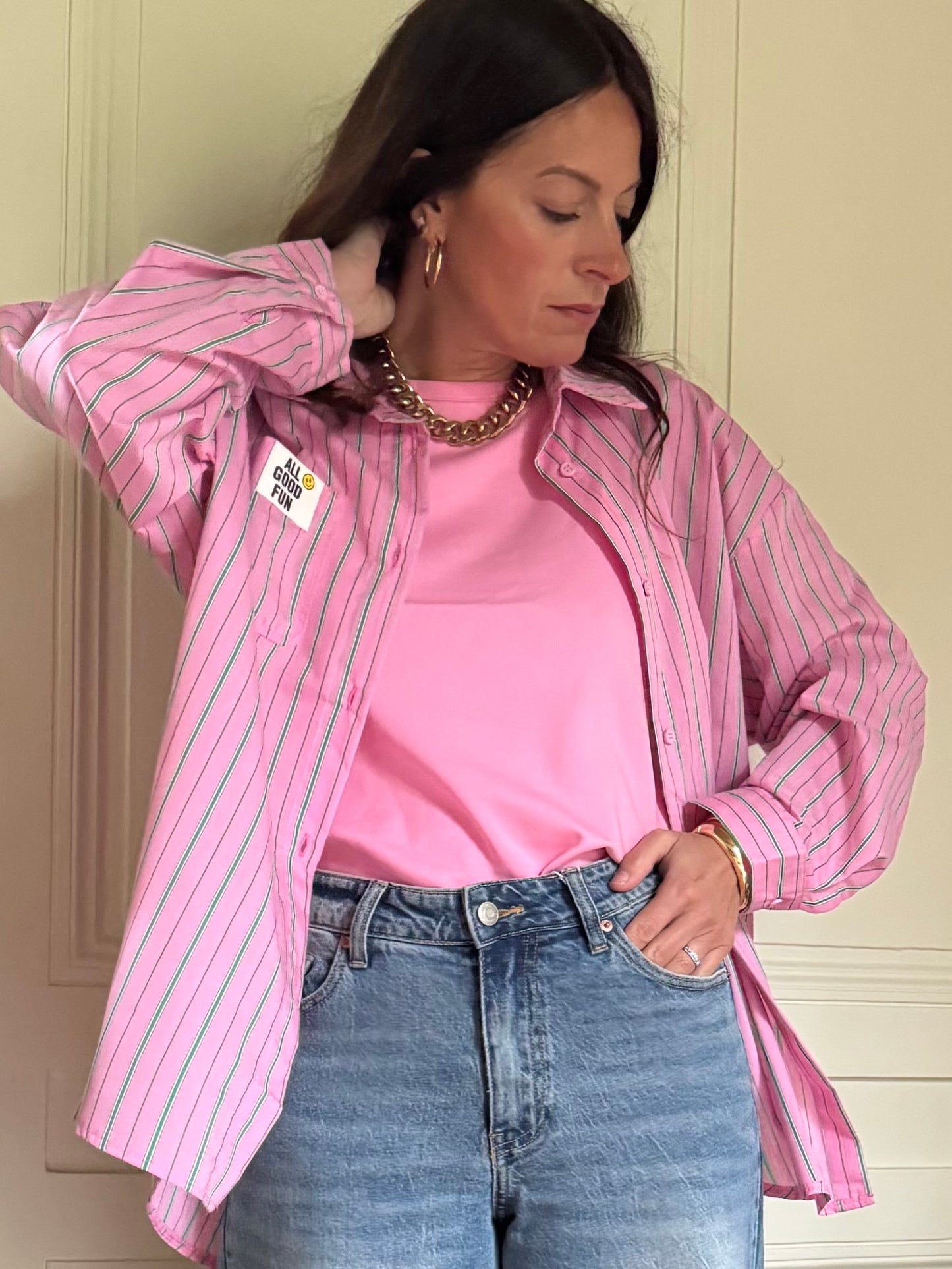 Chemise SMILEY rayée rose/vert